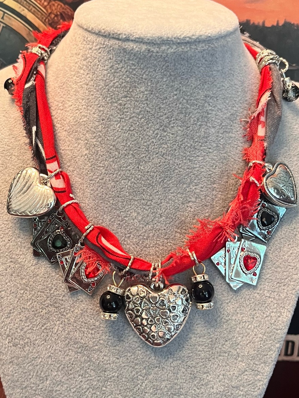 Bandana Heart & Poker Charm Necklace in  Fringed Red, Black and Silver Cotton